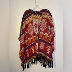 Forever 21 Women's Poncho Western Aztec Fringe Red Blue Gold White One Size EUC